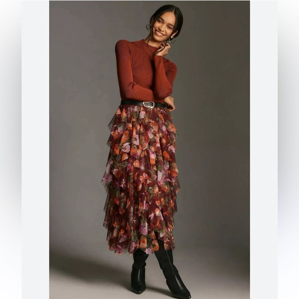Anthropologie The Chéri Ruffled Tulle Midi Skirt